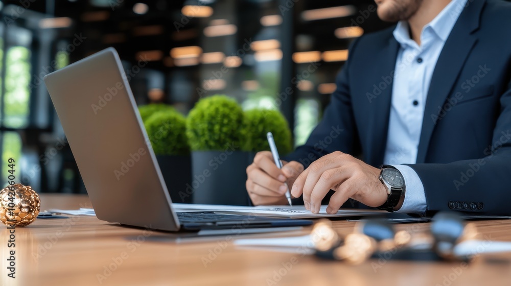 Poster professional man working on laptop in modern office environment with greenery and notepad