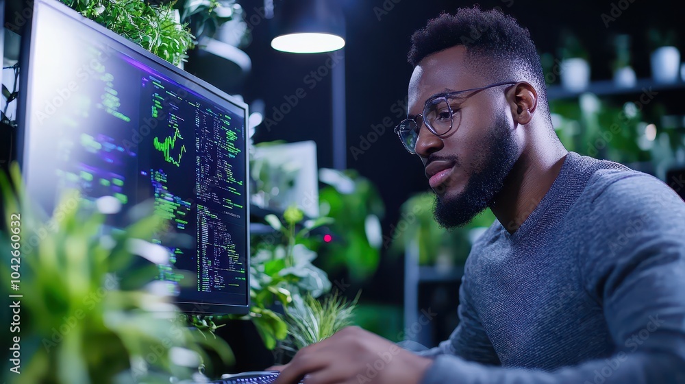 Poster a focused programmer engaged in coding surrounded by lush greenery in a modern workspace environment