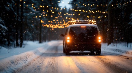 Cozy winter drive along a snow-covered road with festive lights