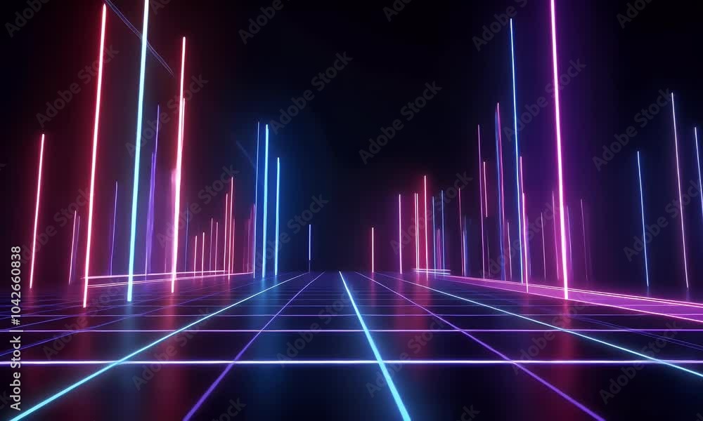 Poster 3d render, abstract background with neon laser light rays on a dark, empty black space for a design 