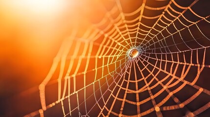 Naklejka premium Spider Web with Dewdrops in Golden Sunlight.