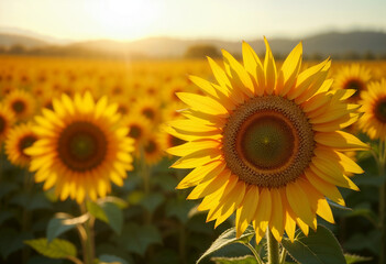 Obraz premium Golden Sunflowers Bathed in Warm Sunset Light, Fields Stretching to Horizon Under Colorful Sky