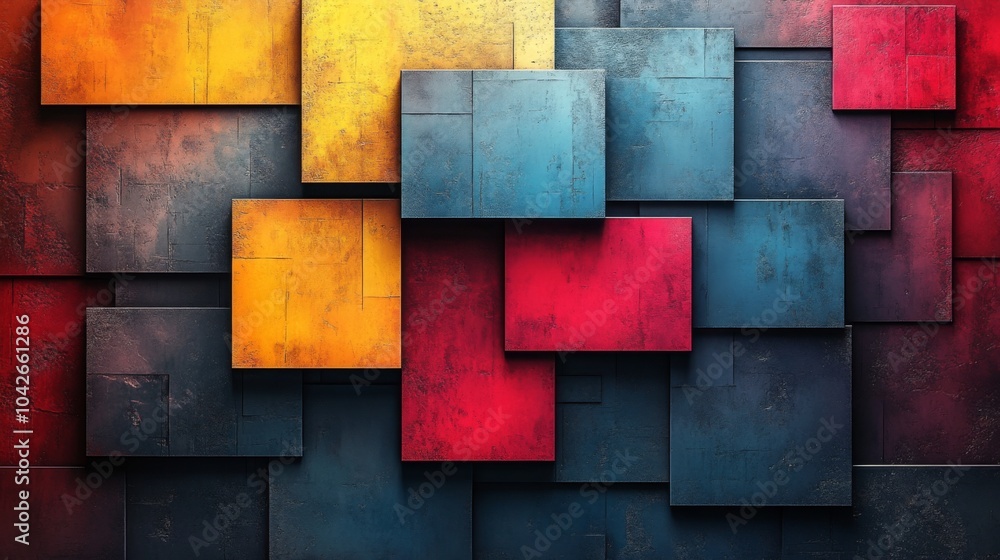 Poster this artwork showcases a modern design of colorful squares and rectangles in shades of blue, red, an