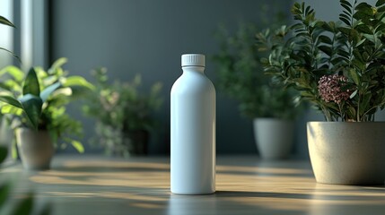 3D mockup of a plain water bottle in matte white finish