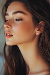 Obraz premium A woman with long brown hair and a diamond earring