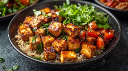Fototapeta premium Tofu and Quinoa Bowl with Tomatoes and Parsley