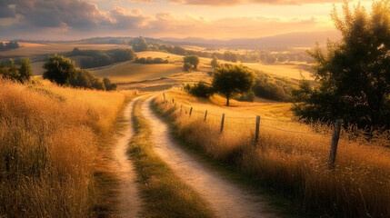 Fototapeta premium A picturesque view of a dirt path winding through golden fields, inviting viewers to explore the beauty of nature.