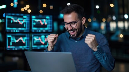 Excited Investor Celebrating a Successful Trade in Front of Multiple Stock Market Screens at Night
