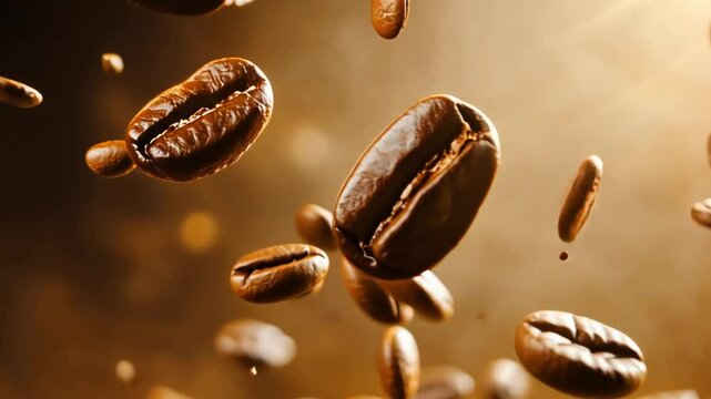 Brown coffee beans are falling in the air.