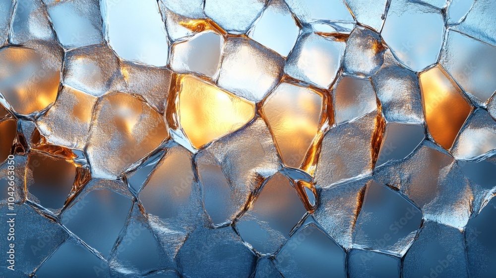 Aufkleber Shards of ice with intricate patterns reflect warm light, creating a beautiful contrast in a cold environment during early evening, evoking a serene atmosphere.