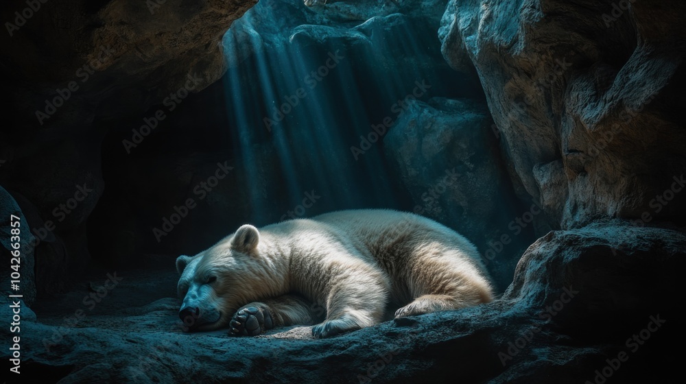 Poster a serene polar bear resting in a cave illuminated by soft rays of light.
