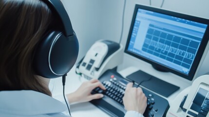 An audiologist conducting a hearing test with advanced audiometric equipment in a soundproof test room, Technical style, photo of