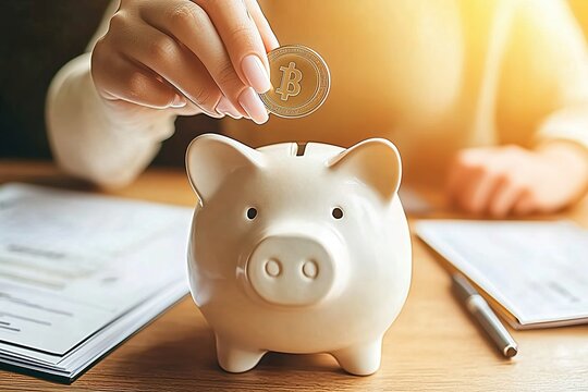 Bitcoin coin being deposited into white piggy bank - Powered by Adobe