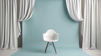 White chair on platform in front of gray curtains and light blue wall backdrop