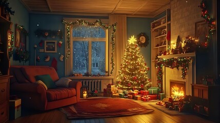 Cozy interior of a classic church decorated for Christmas with elegant furniture, a vintage fireplace, and a beautifully adorned tree