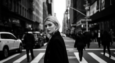 Woman looking back to camera while walking through busy city street. black and white street photography.