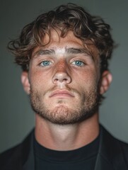 Fototapeta premium Portrait of a Young Man with Freckles and Blue Eyes Against a Dark Background
