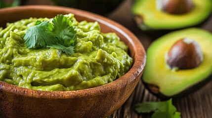 Obraz premium Fresh and Creamy Guacamole in Wooden Bowl