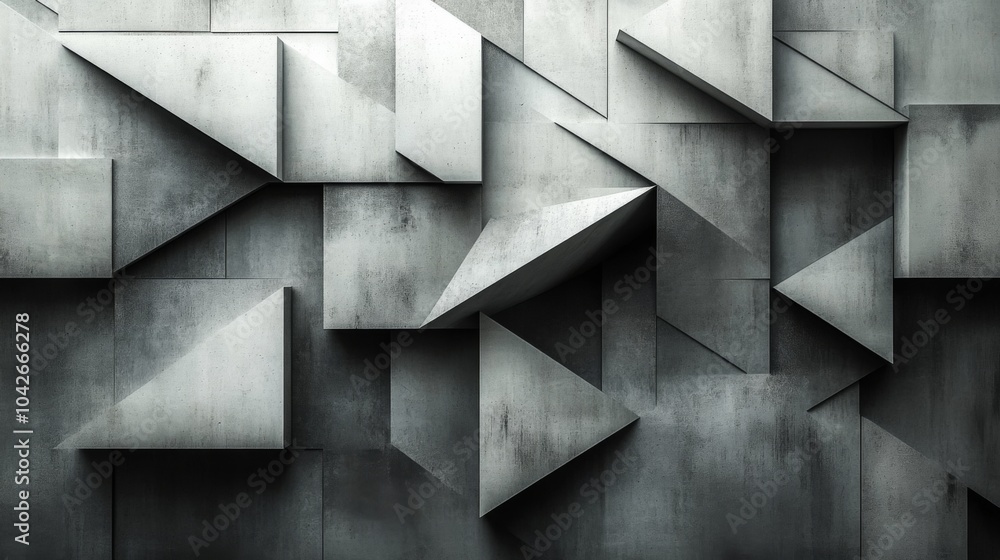 Poster This artwork showcases a striking geometric pattern of triangular shapes made from concrete, creating a dynamic visual effect. The design emphasizes depth and texture, enhancing the space.