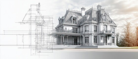 Obraz premium A detailed architectural rendering of a mansion alongside its blueprint.