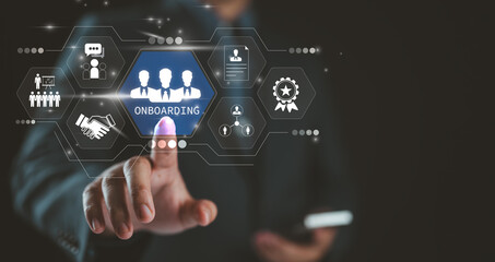 Businesswoman with virtual icon, HR, Process of introducing a newly hired employee into organization, socialization, onboarding is helping employees understand their new position and job requirements.