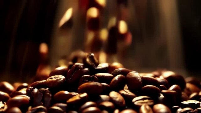 High-Angle Slow-Motion Shot of Dark Roasted Coffee Beans for Premium Quality Advertisements