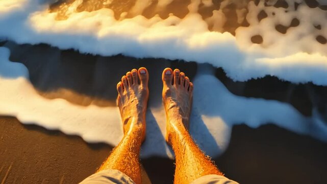 Bare feet are on the wet sand, next to foamy waves. Sunlight is on the scene.