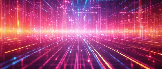 Fototapeta premium A vibrant, abstract digital landscape with colorful lines and light effects.