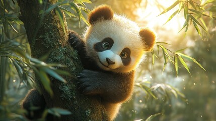 Obraz premium A baby panda climbing a tree in a bamboo forest.