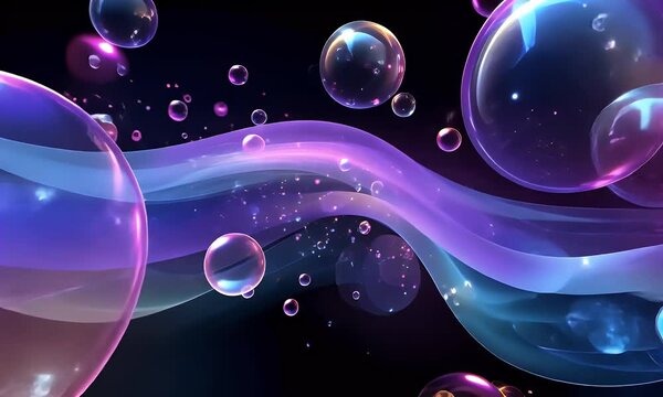 Abstract design of glowing purple and blue bubbles, liquid shapes, and fluid forms on a dark background, in a minimalist style.