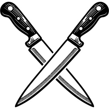 Crossed kitchen knives in monochrome. Simple minimalistic vector in black ink drawing on transparent background