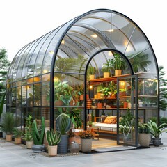 Modern Greenhouse with Lush Indoor Plants