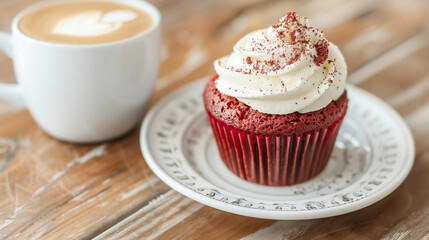 Red Velvet Cupcake with Coffee on Wooden Table