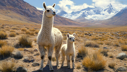 Fototapeta premium Llama day. A baby llama with it's mother. Panoramic banner with place for text