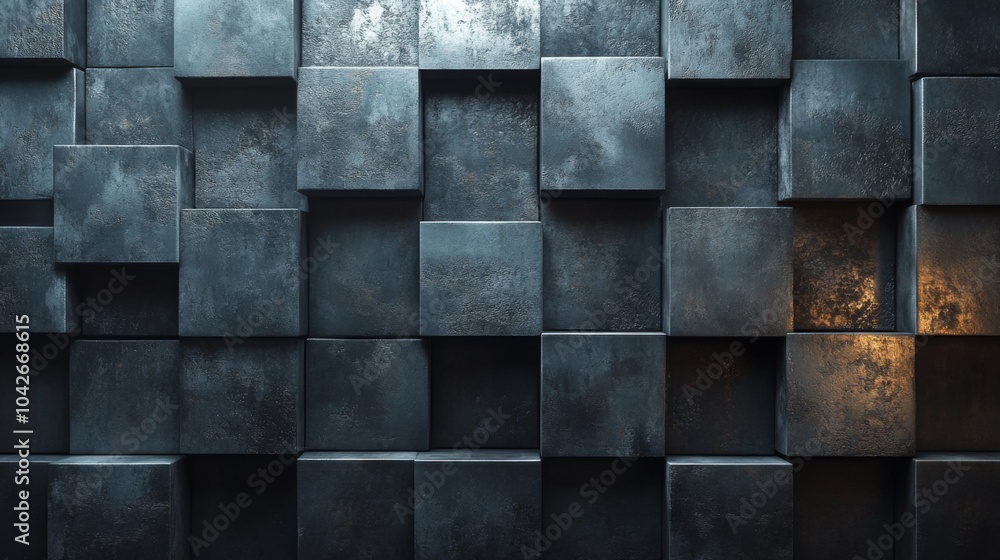 Poster A collection of textured metallic cubes fills the space, casting deep shadows and highlights. The interplay of light creates an intriguing backdrop, enhancing the visual appeal.
