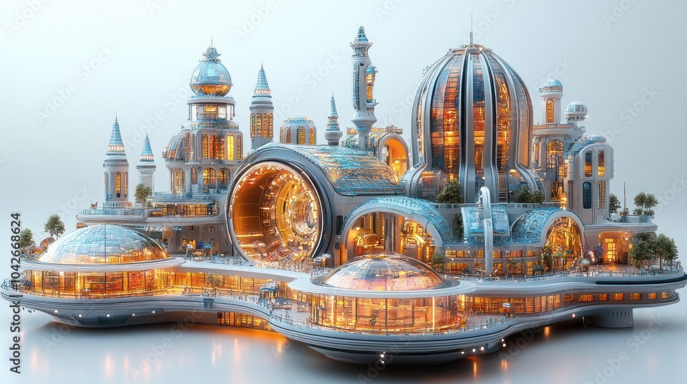 Aufkleber futuristic cityscape with intricate architecture and glowing elements.