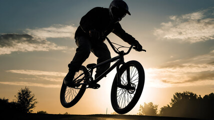 Obraz premium Silhouette of BMX Rider Performing Stunts Against Sunset Background Outdoors