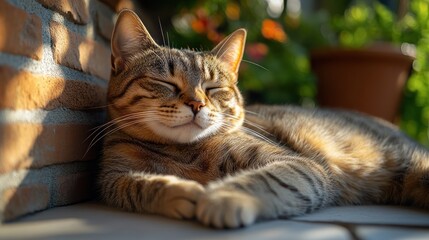 A close-up of a cat lounging in the sun with its eyes half-closed.