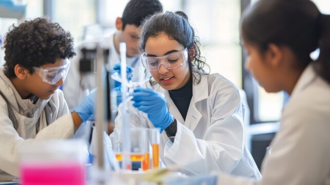 An educational workshop where students from different cultural backgrounds engage in hands-on science experiments, Illustrating educational diversity and collaborative learning, photography style