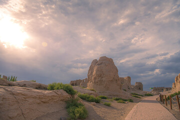 Ancient city ruins of Jiaohe or Yarkhoto dating back to 100 BC in Turpan, Xinjiang, China