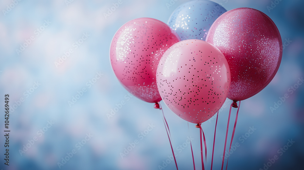 Poster pink and blue balloons with sparkles on them. the balloons are arranged in a row and are floating in