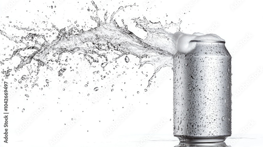 Poster refreshing beer can with foam splashing
