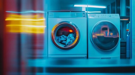 Blue and Yellow Laundry Room with Washing Machines