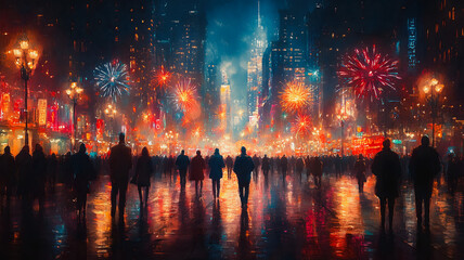 A city street with people walking and fireworks in the background. Scene is festive and lively