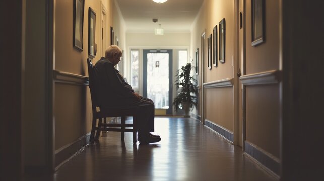 An elderly person alone in a nursing home corridor, Reflecting the isolation of aging amidst institutional care, photography style