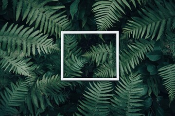 A minimalist frame over lush green ferns, emphasizing nature's beauty.