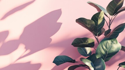 A close-up of green leaves casting shadows on a pink background, creating a serene aesthetic.