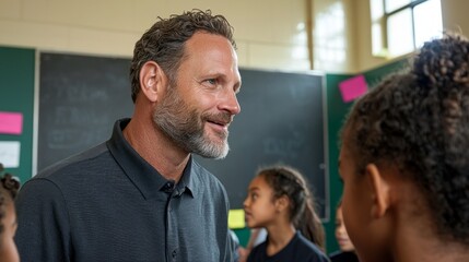 Engaging conversation between a teacher and students in a vibrant classroom setting.