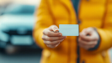 A person holds a blank card in front of them, wearing a brightly colored yellow jacket, with a blurred car in the background, ideal for identity themes.