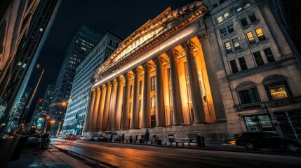 Fototapeta premium Night view of a grand building with illuminated columns amidst city skyscrapers.